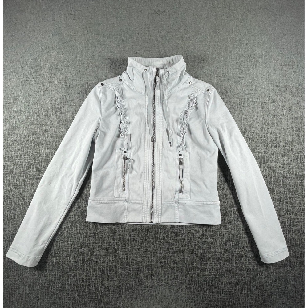 Marrakech Womens Grey Ruffle Trim Full Zip Funnel Neck Utility Jacket Size M